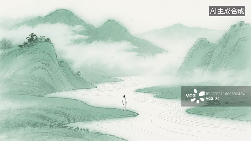 【AI数字艺术】山水间独行者图片素材