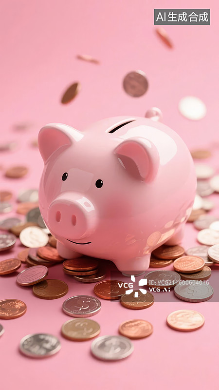 【AI数字艺术】粉色存钱罐与散落硬币图片素材