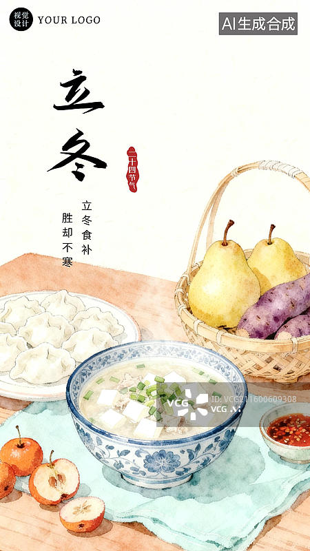 【AI数字艺术】立冬喝羊肉汤吃饺子习俗立冬节气海报图片素材