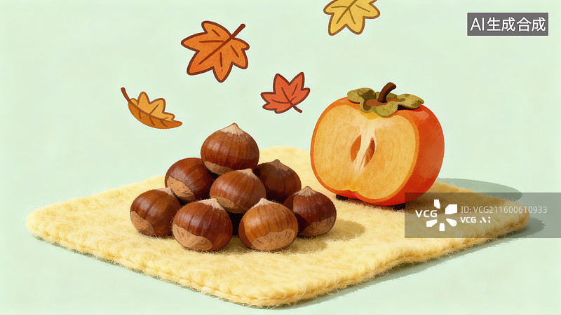 【AI数字艺术】榛子柿子秋叶插画图片素材