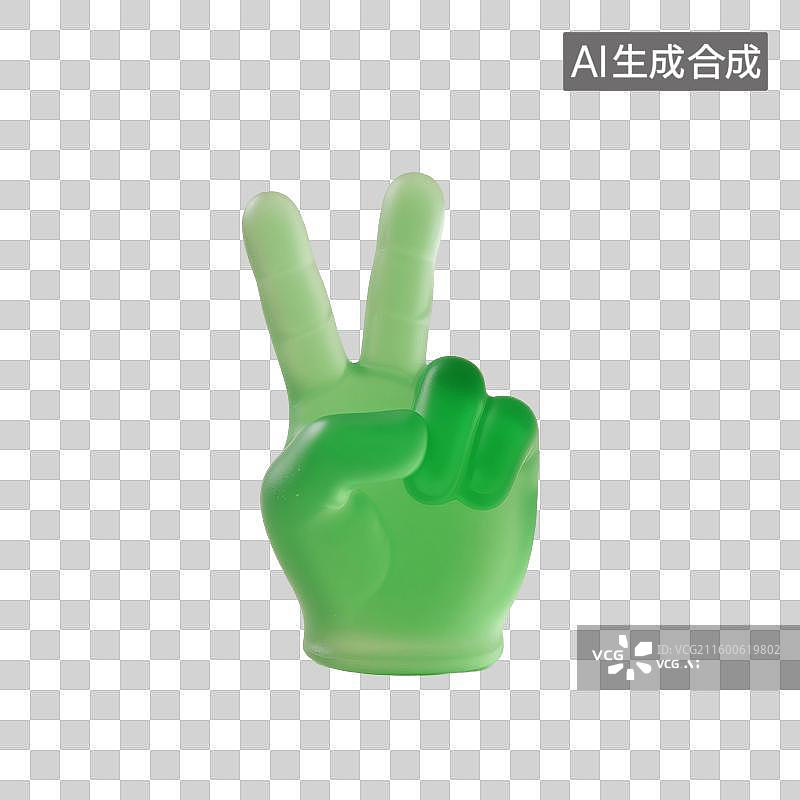 【AI数字艺术】3D渲染，透明磨砂玻璃质感，胜利手势，比耶手势，手，图形图标，免抠元素图片素材