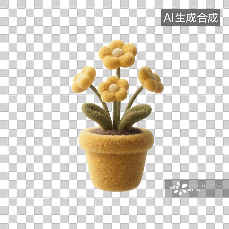 【AI数字艺术】3D渲染，羊毛毡质感，卡通花朵盆栽，免抠元素图片素材