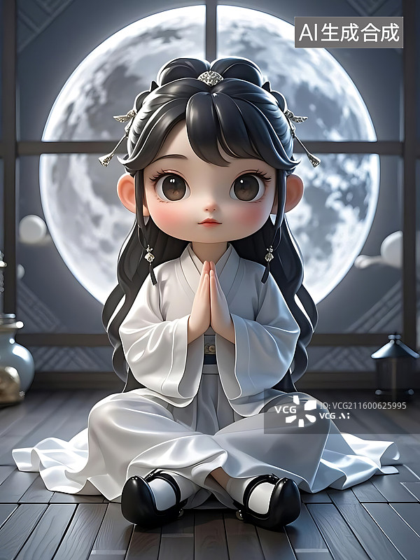【AI数字艺术】月夜祈愿少女图片素材