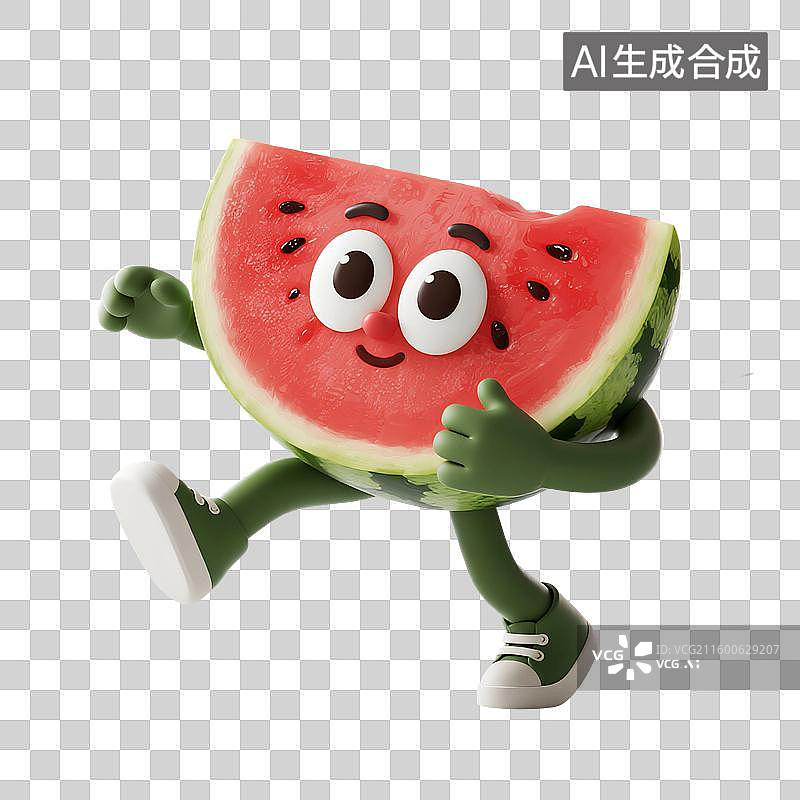 【AI数字艺术】3D渲染，卡通西瓜，拟人西瓜，夏天，一个新鲜水果，食材，免抠元素图片素材