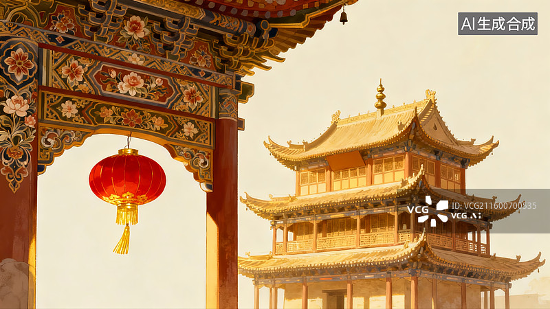 【AI数字艺术】中国风传统建筑电商背景，年终促销，年货节图片素材
