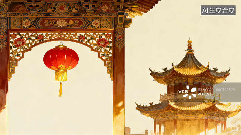 【AI数字艺术】中国风传统建筑电商背景，年终促销，年货节图片素材