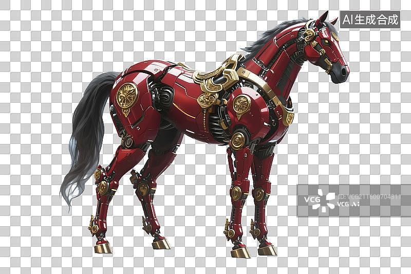 【AI数字艺术】红色机械骏马带有精美金饰图片素材
