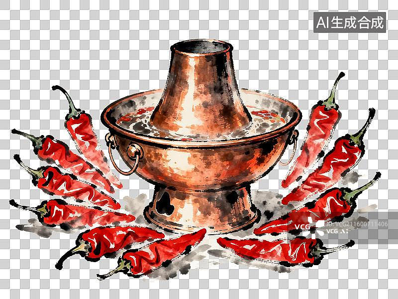 【AI数字艺术】二十四节气冬至火锅铜锅与红辣椒的静物画图片素材