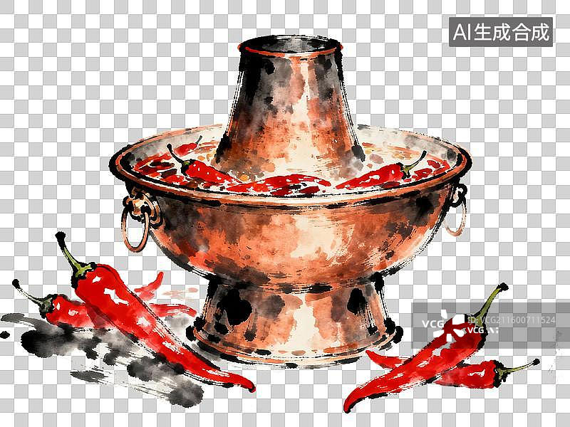 【AI数字艺术】二十四节气冬至火锅铜锅红椒水彩画图片素材