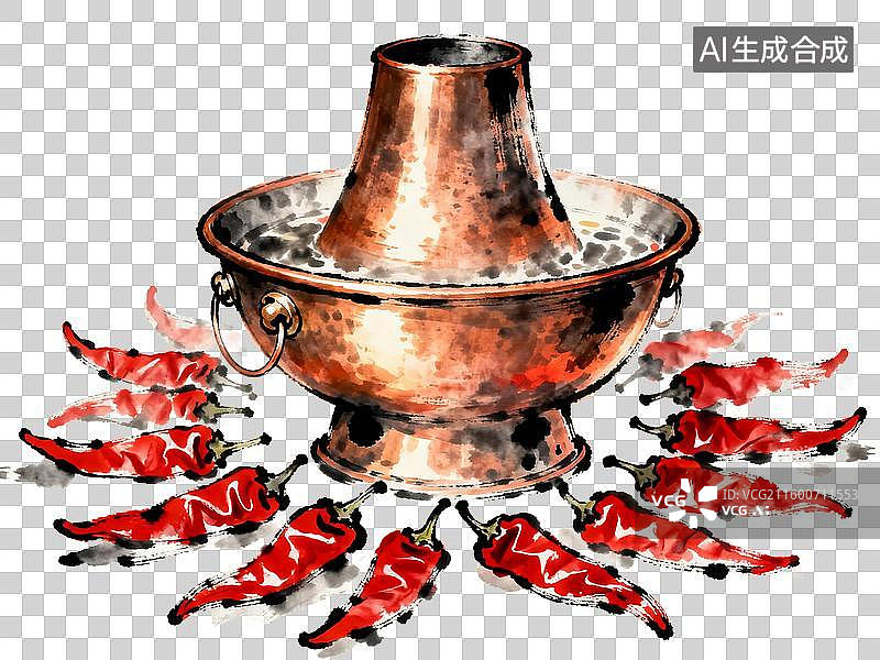 【AI数字艺术】二十四节气冬至火锅铜锅与红辣椒的静物画图片素材