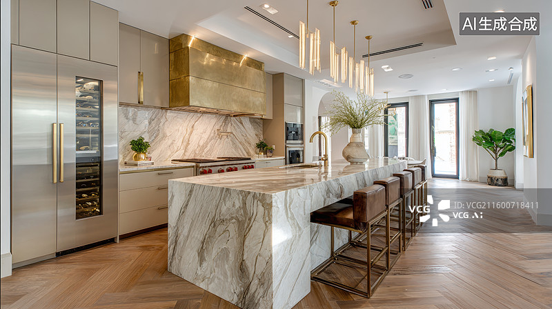【AI数字艺术】现代厨房大理石岛台设计图片素材