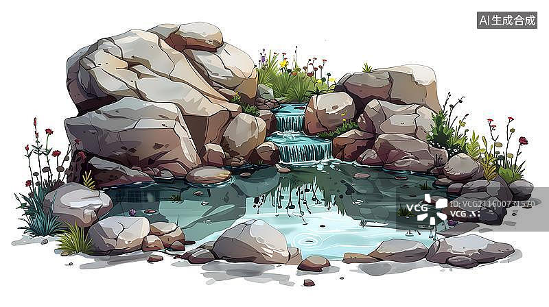 【AI数字艺术】夏日池塘睡莲景观 卡通风格山水池塘图  夏天池塘场景插画  花园小池塘水彩插画图片素材