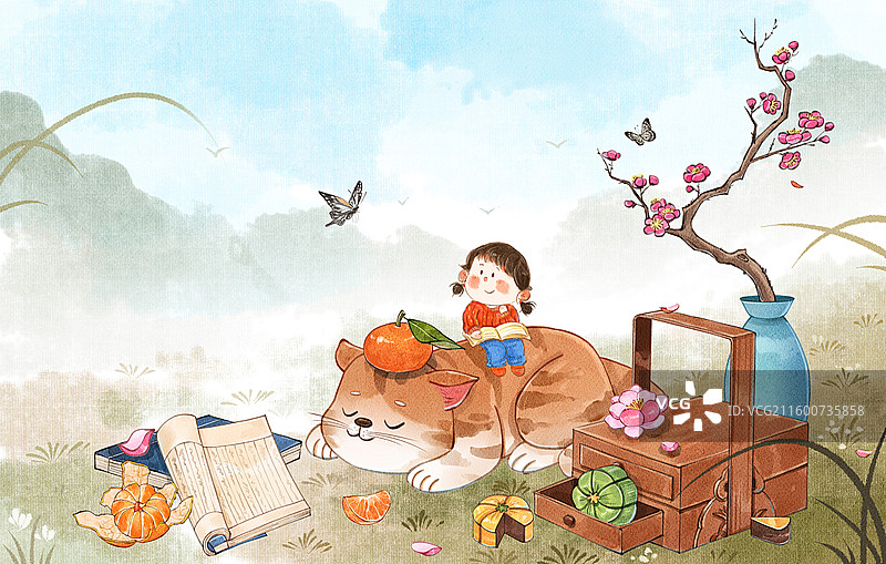 手绘水彩中国风点心书本猫咪睡觉愈系横图插画图片素材