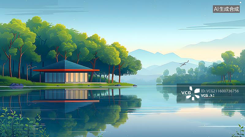 【AI数字艺术】湖畔现代建筑的宁静之美 湖景旁的玻璃小屋 湖畔禅意居所 山水间的现代雅居图片素材