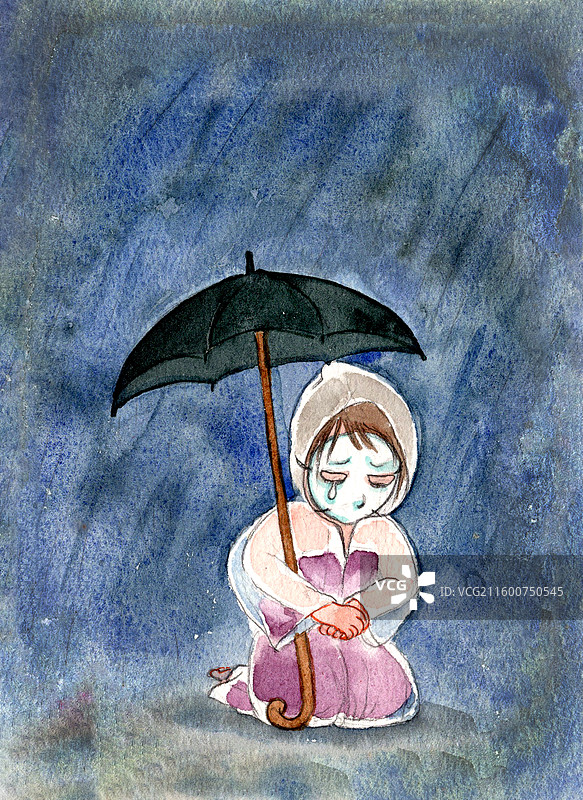 手绘水彩风女性雨中跪姿哭泣插画图片素材
