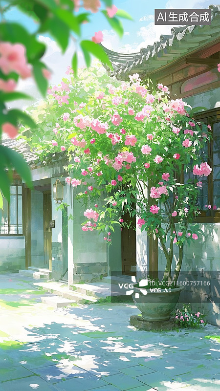 【AI数字艺术】水彩画，绿粉色，光影斑斓，茂盛的夹竹桃花在灰色石砖街道边，古朴小院图片素材