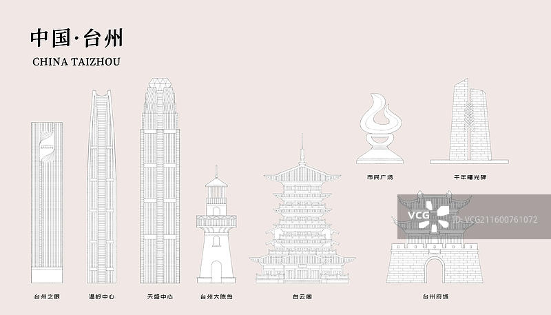 台州城市地标建筑插画线稿图片素材