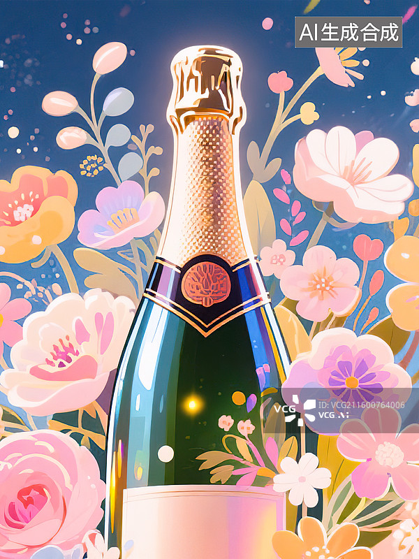【AI数字艺术】香槟墨绿色玻璃酒瓶新国风新艺术装饰艺术风格花卉图案扁平手绘插画新年婚礼节日庆祝电商产品广告包装宣传图片素材