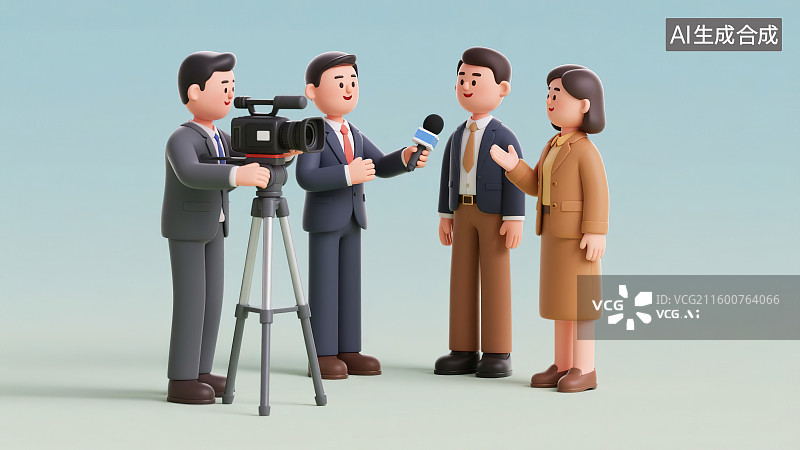 【AI数字艺术】记者节新闻拍摄采访工作劳动节现代职业形象西服正装团队很多人站立3D三维卡通角色彩色背景插画干净简约图片素材