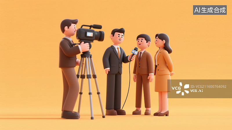 【AI数字艺术】记者节新闻拍摄采访工作劳动节现代职业形象西服正装团队很多人站立3D三维卡通角色彩色背景插画干净简约图片素材