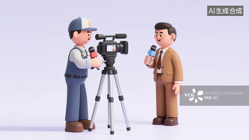【AI数字艺术】记者节新闻拍摄采访工作劳动节现代职业形象西服正装团队很多人站立3D三维卡通角色彩色背景插画干净简约图片素材