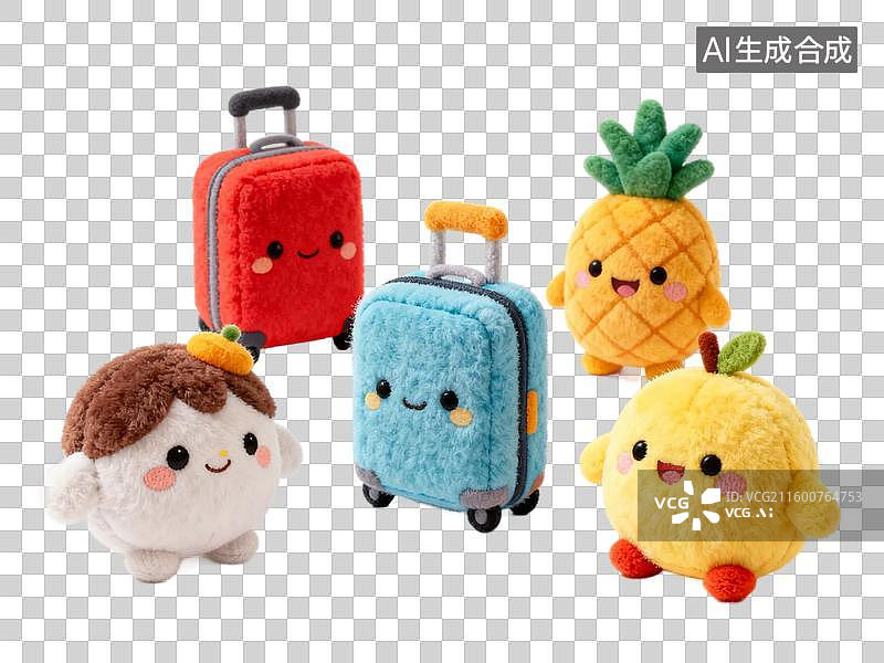 【AI数字艺术】可爱毛绒玩具包含行李箱和水果造型玩偶图片素材