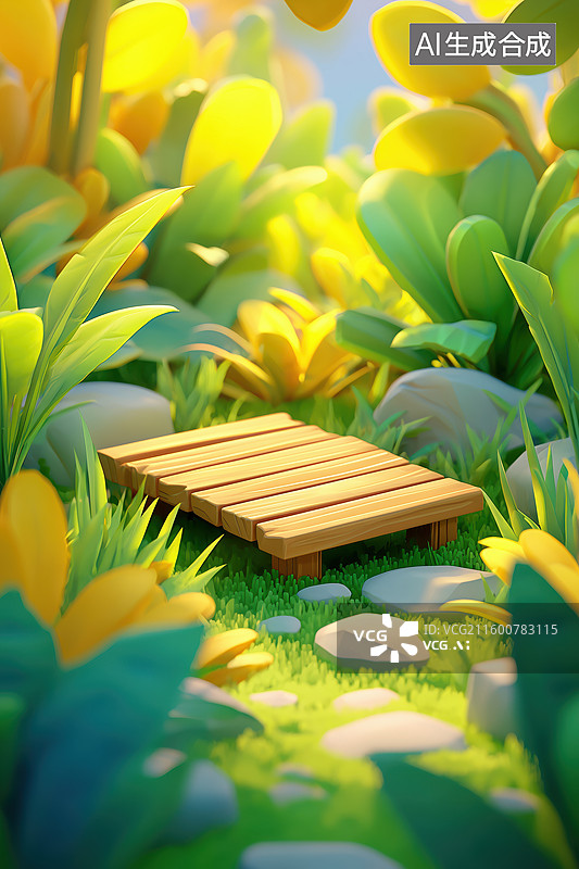 【AI数字艺术】秋天森林方形木制展台长椅3D卡通立体背景插画图片素材