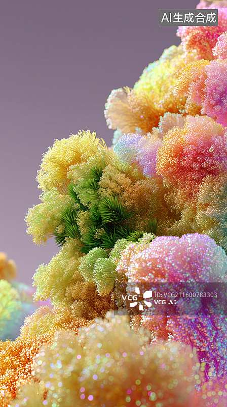 【AI数字艺术】高低起伏色彩鲜艳的毛绒植物山坡3D卡通立体背景插画图片素材