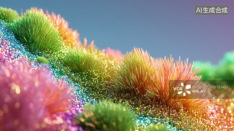 【AI数字艺术】高低起伏色彩鲜艳的毛绒植物山坡3D卡通立体背景插画图片素材
