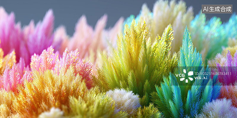 【AI数字艺术】高低起伏色彩鲜艳的毛绒植物山坡3D卡通立体背景插画图片素材