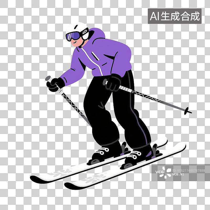 【AI数字艺术】2D卡通扁平滑雪者在雪地滑行免抠元素图片素材
