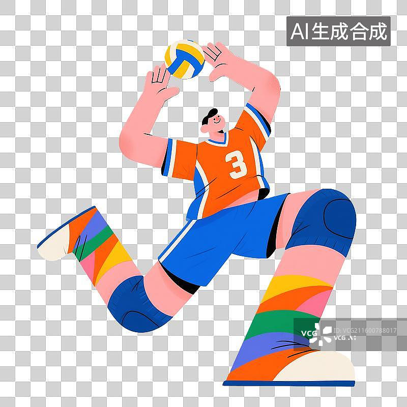 【AI数字艺术】2D卡通扁平排球运动员跃起扣球免抠元素图片素材