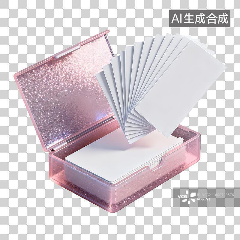 【AI数字艺术】一个半开状态的名片盒飞出很多名片半透明珠光磨砂质感商业3D轻拟物风格插画透明元素设计图片素材
