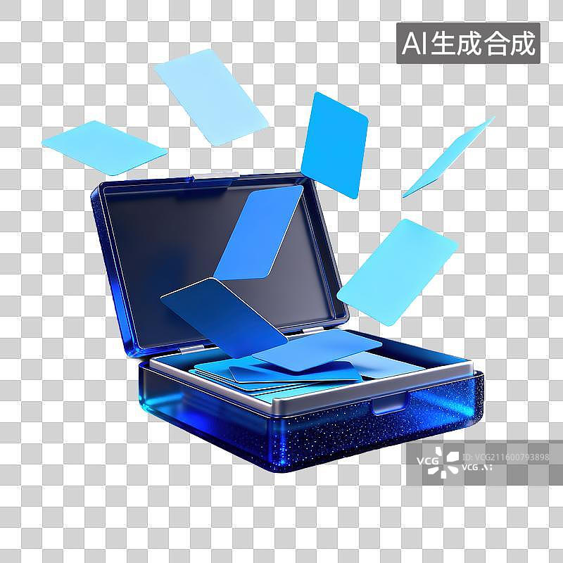 【AI数字艺术】一个半开状态的名片盒飞出很多名片半透明珠光磨砂质感商业3D轻拟物风格插画透明元素设计图片素材