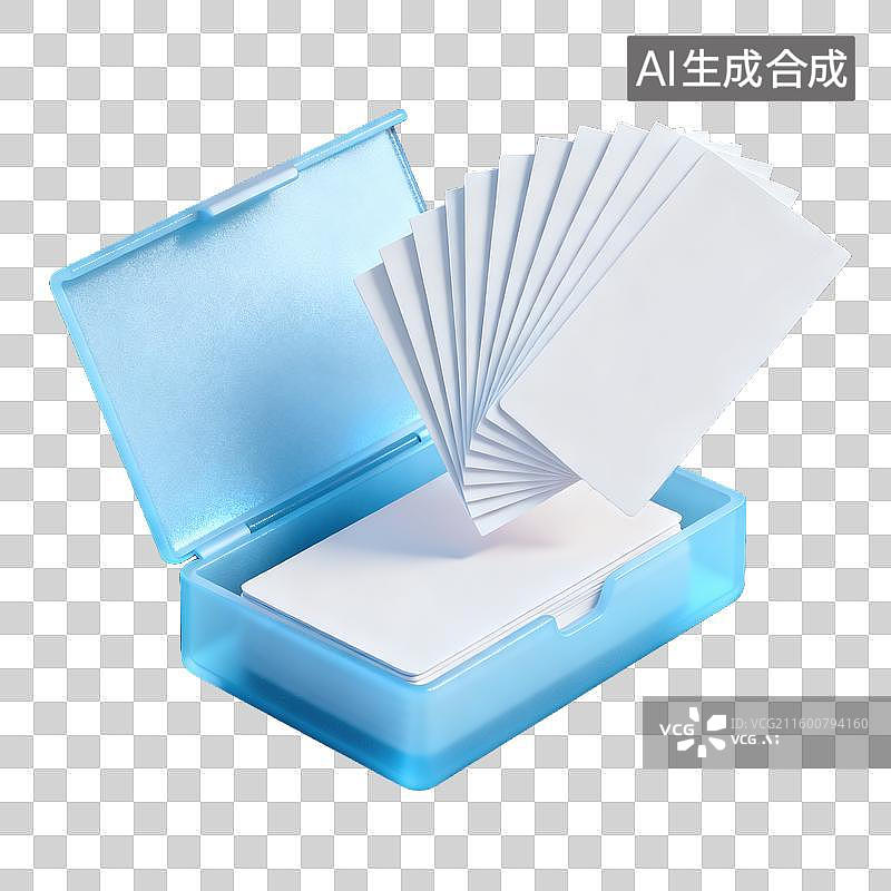 【AI数字艺术】一个半开状态的名片盒飞出很多名片半透明珠光磨砂质感商业3D轻拟物风格插画透明元素设计图片素材