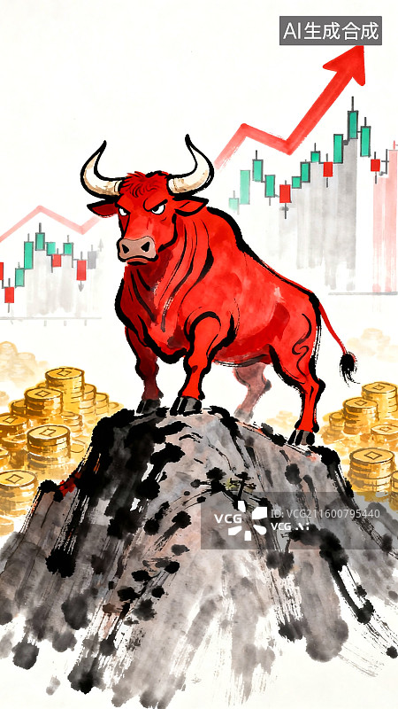【AI数字艺术】牛市主题国画 站在山顶的牛图片素材