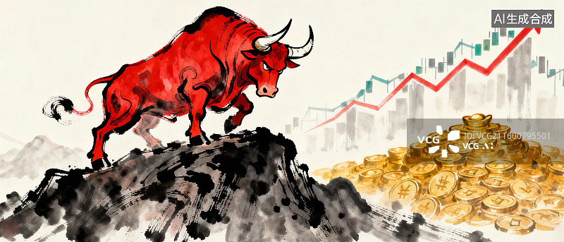 【AI数字艺术】牛市主题国画 站在山顶的牛图片素材