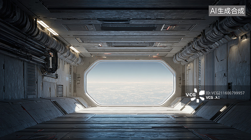 【AI数字艺术】太空舱内部通道视角图片素材