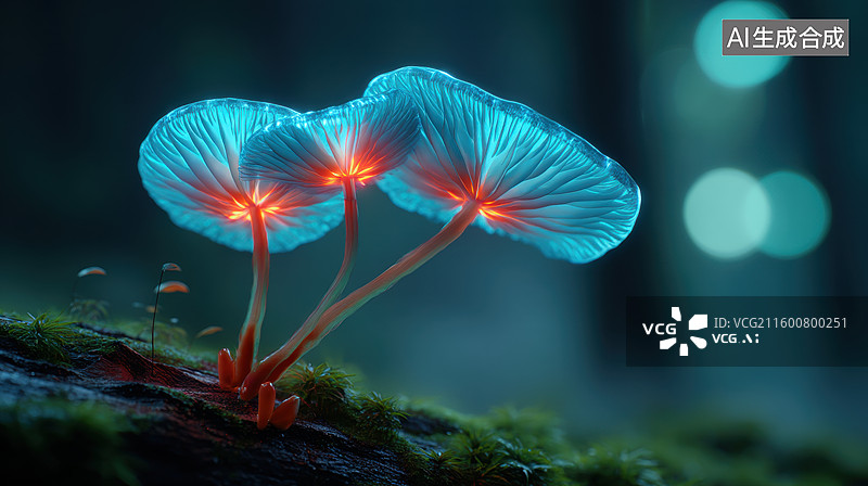 【AI数字艺术】发光蓝菌菇森林特写图片素材
