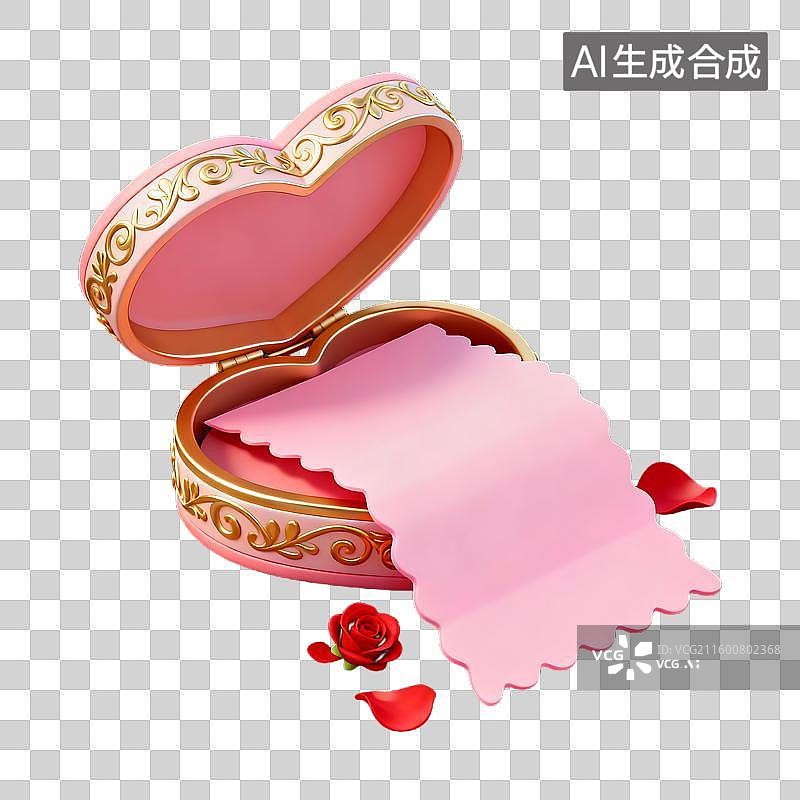 【AI数字艺术】心形盒子与粉色纸片及玫瑰花瓣图片素材