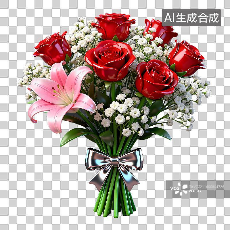【AI数字艺术】红玫瑰粉百合白色满天星花束图片素材