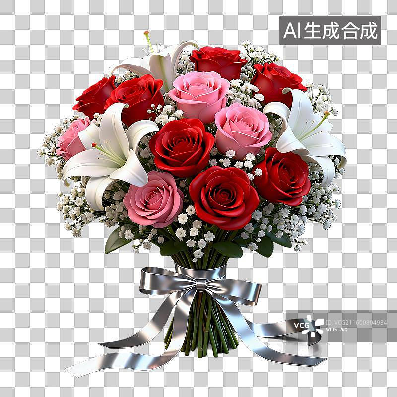 【AI数字艺术】红粉玫瑰白百合精致花束图片素材