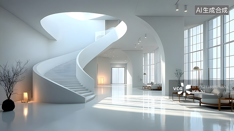 【AI数字艺术】白色简洁有弯曲楼梯的宽大半开放室内空间效果图图片素材