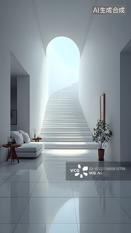 【AI数字艺术】白色简洁有弯曲楼梯的宽大半开放室内空间效果图图片素材
