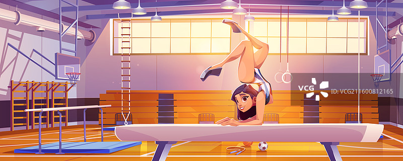 女体操运动员在平衡木上完成高难度动作图片素材