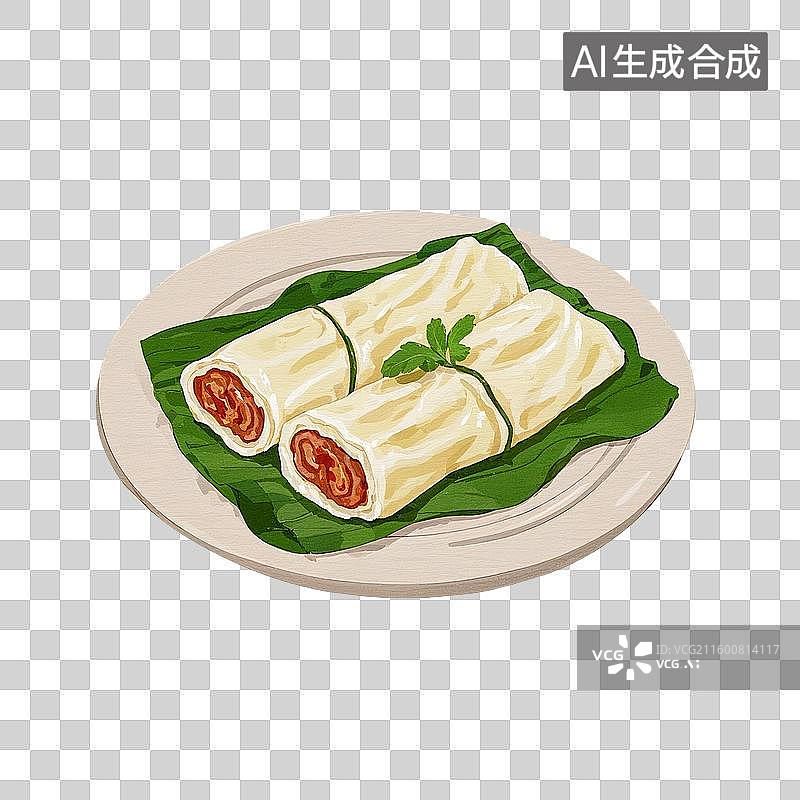 【AI数字艺术】中国风手绘插画，广式早茶茶点，肠粉，卷筒粉，早餐，早茶，美食食品，免抠元素图片素材