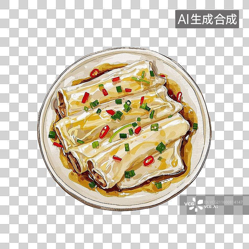【AI数字艺术】中国风手绘插画，广式早茶茶点，肠粉，卷筒粉，早餐，早茶，美食食品，免抠元素图片素材