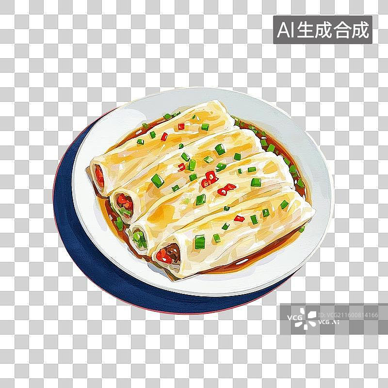 【AI数字艺术】中国风手绘插画，广式早茶茶点，肠粉，卷筒粉，早餐，早茶，美食食品，免抠元素图片素材