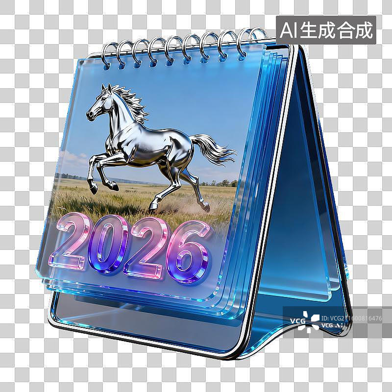 【AI数字艺术】一本现代3D翻页台历封面奔腾野马2026年创新设计融合传统与现代元素日历桌面摆件商业透明插画元素马年图片素材
