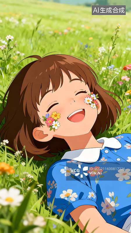 【AI数字艺术】花野少女躺姿图尽显清新治愈活力意境图片素材